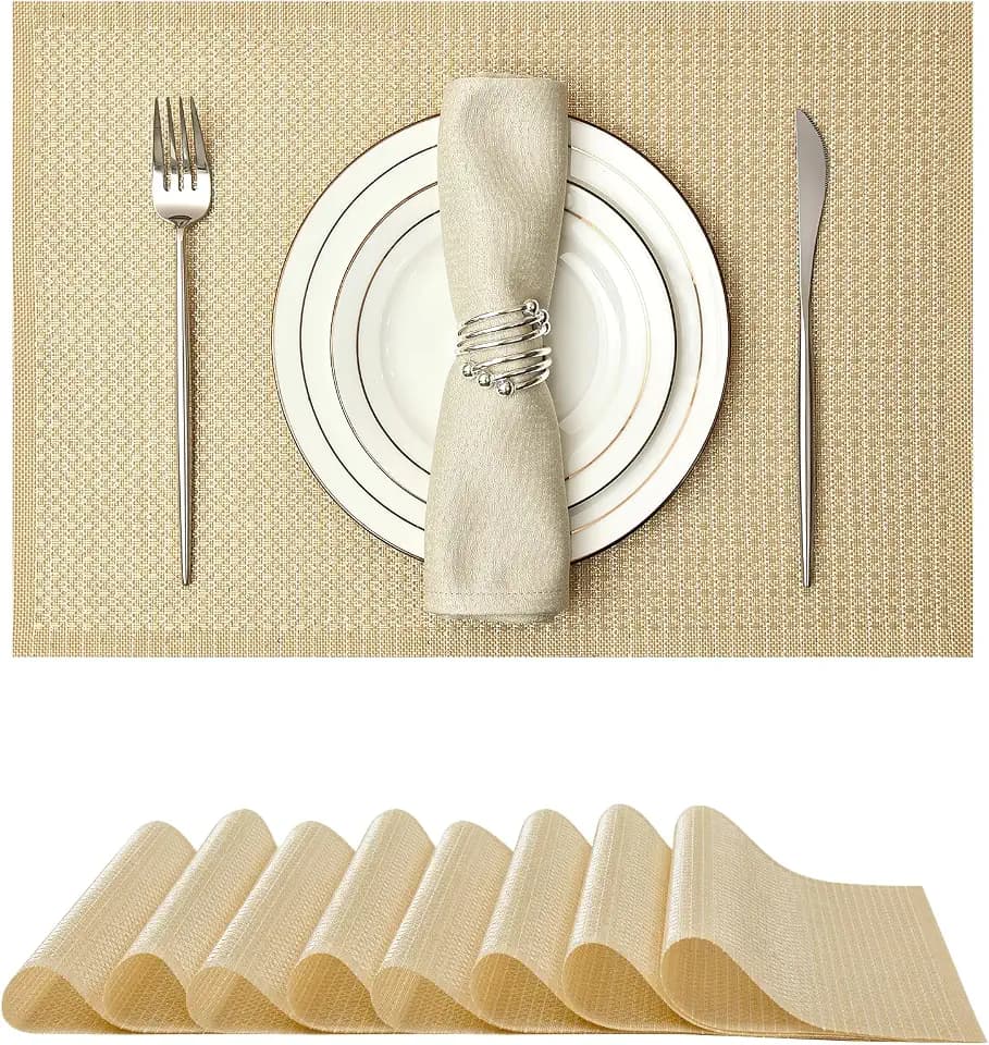 Woven Vinyl Placemats Set of 8, Gold Sequin