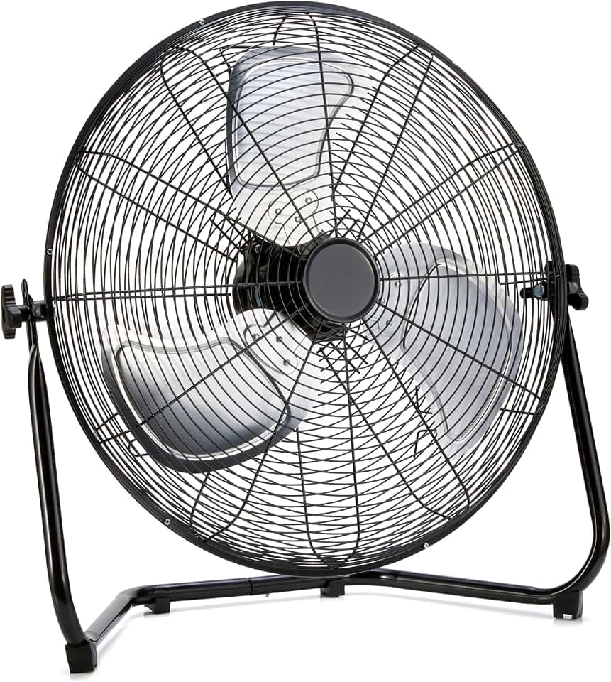 Amazon Basics 20" High Velocity Industrial Cooling Floor Fan with 3 Speeds, Tilt Head, ETL-Listed Safety Compliance, Metal Housing and Blades, for Commercial Space/Garage/Gym, 125W, Black