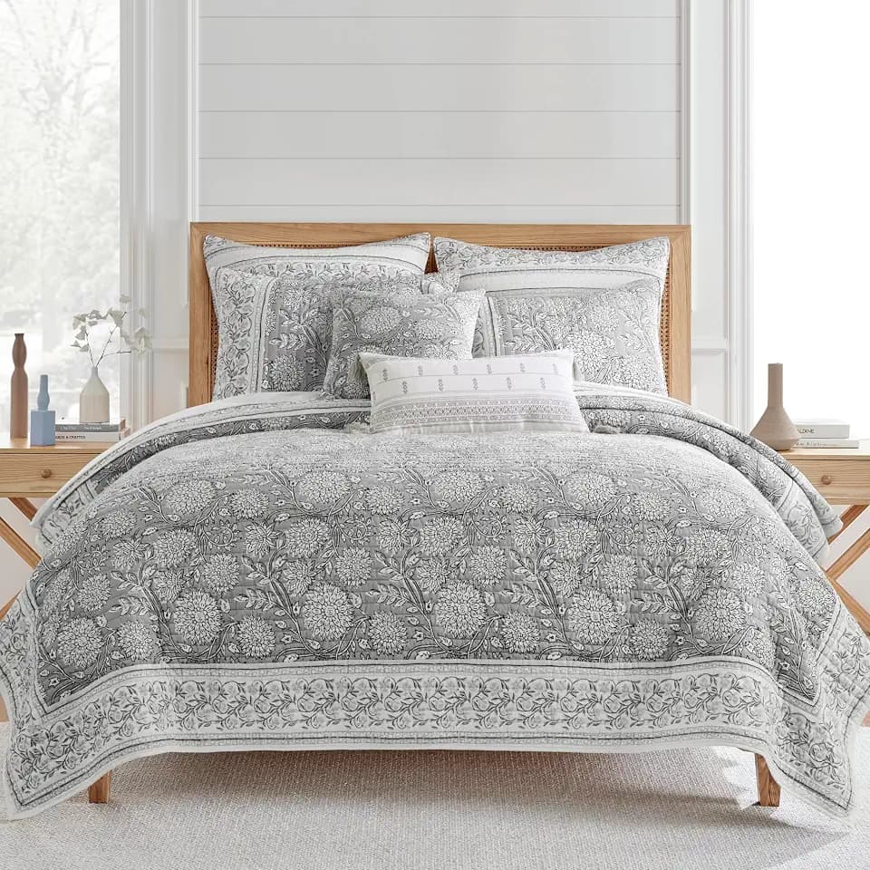 Levtex Home Adare Grey Reversible King/Cal King Quilt Set (106x92in) with 2 Pillow Shams (36x20in) - Floral Bedding - Grey White - Cotton King Size Quilt Bedding Set - Lightweight, Soft, Pre-Washed