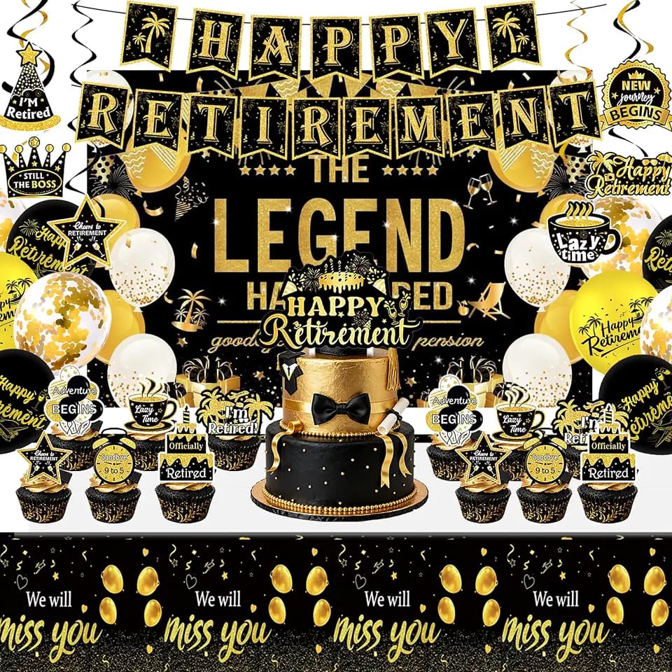 Retirement Party Decorations Black Gold Decor Kit with Happy Retirement Banner, Backdrop, Tablecloth, Confetti Balloons & Cake Toppers for Retirement Celebration