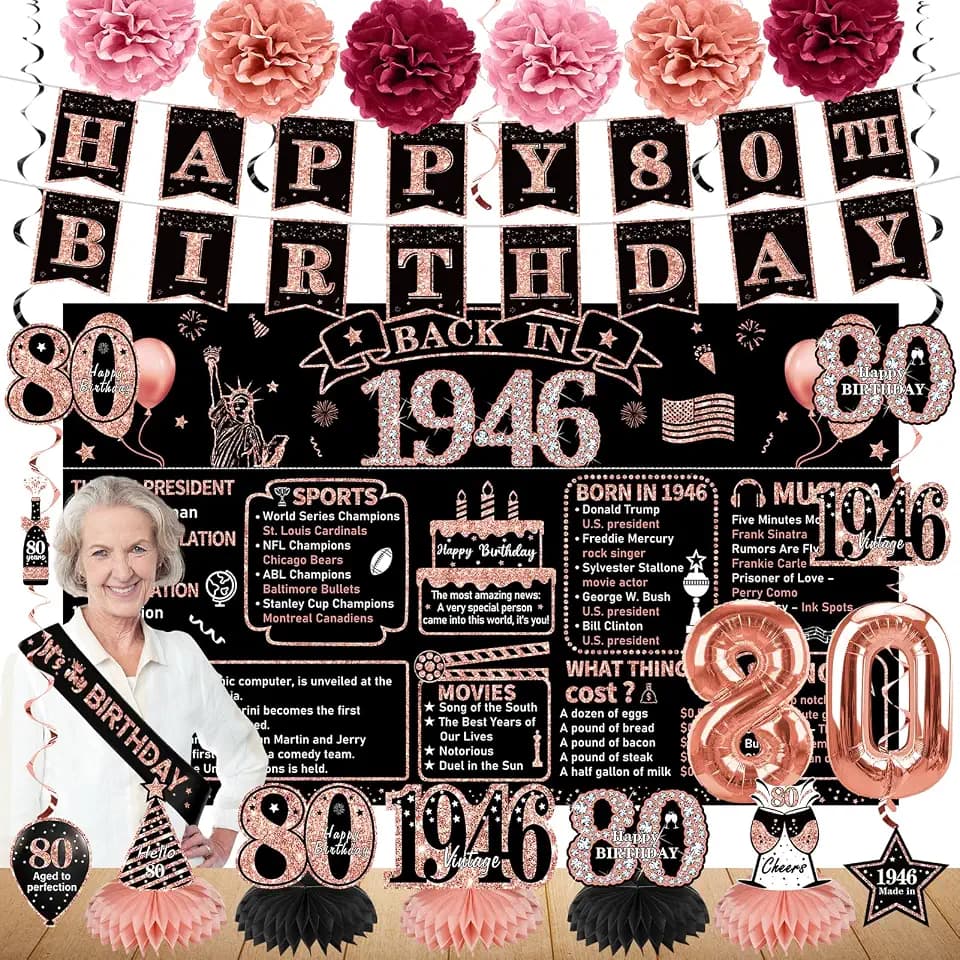 Zirtorei 80th Birthday Decorations for Women, 21pcs the Year 1946 Banner Balloon Party Supplies, Rose Gold 80 Year Old Birthday Backdrop, 80 Bday Honeycomb Centerpiece Hanging Swirls Sash Gifts
