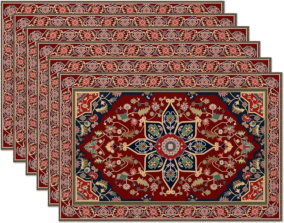 Boho Placemats,Persian Original Tribal Table Mats Set of 6,12x18 Inch,Waterproof Oil-Proof Washable and Reusable Linen placemats Holiday Party Kitchen Table Decorations