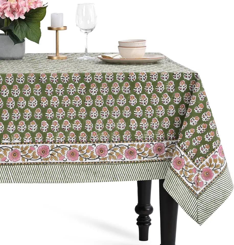 CPC Jade Green Block Print 100% Cotton Rectangle Tablecloth 70x108 Inch