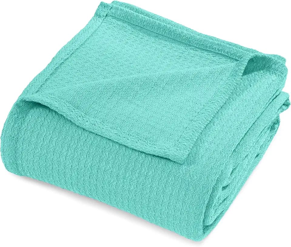 Superior Cotton Blanket, Lightweight, Soft Breathable Comfy Bedding, Full/Queen, Turquoise