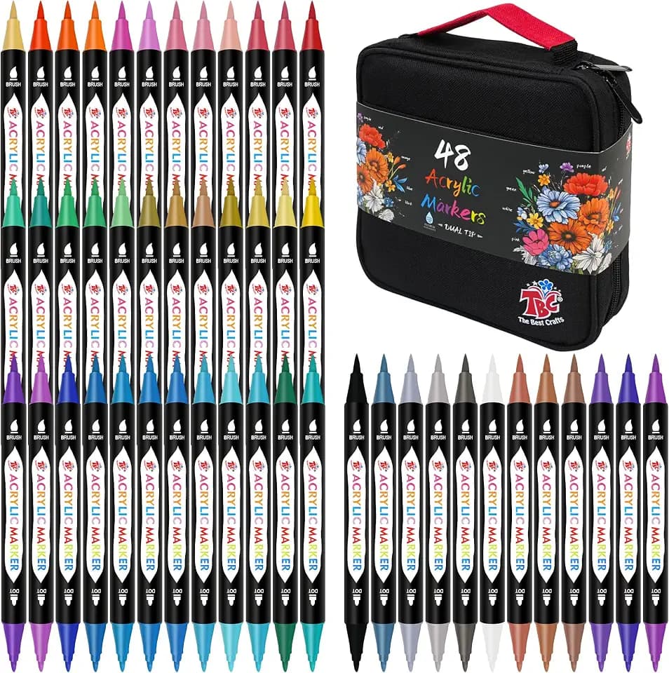 Acrylic Paint Markers,48 Colors Dual Tip, Double Zipper Canvas Bag