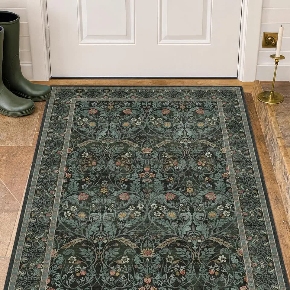 Farmhouse 3x4 Rug for Entryway Indoor, Non Slip Dark Green Washable Kitchen Floor Mats, Low Pile Funky Bedroom Carpet, Dark Academia Rug