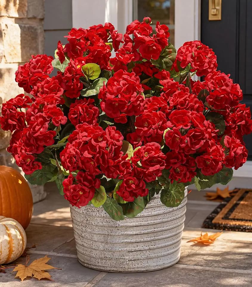 Artificial Geraniums Fake Flowers for Outdoors Decoration, 6 Bundles Silk Geraniums Red Flower UV Resistant Look Real Faux Plants for Front Door Garden Porch Planter Patio Balcony Yard Indoor Home