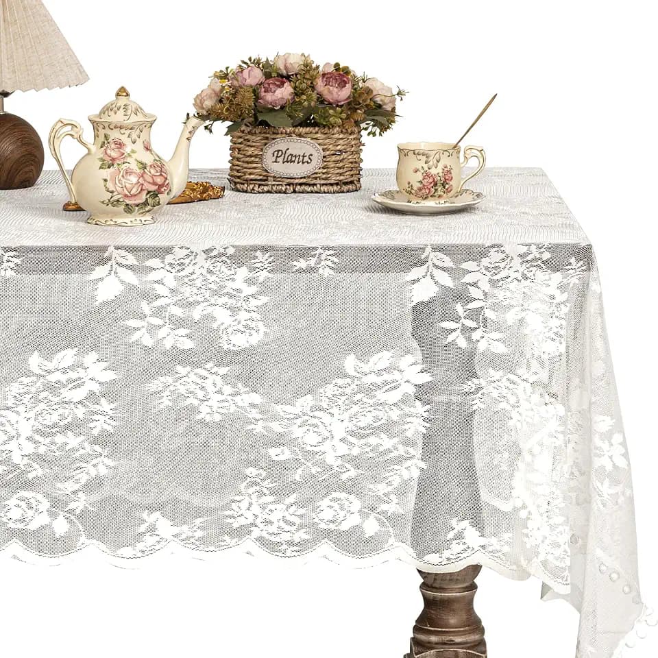 Jayla White Lace Tablecloth with Fringed Edge, French Vintage Style Lace Table Cover for Reception, Wedding, Baby Shower, Birthday Party, Christmas, Formal Dinner, Home Decor(54 x 108 Inches)