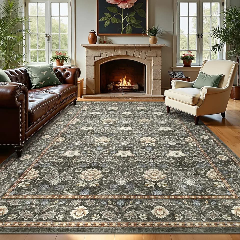 GarveeHome Large Area Rugs 9x12 for Living Room, Retro Floral Washable Rug Soft Non Slip Floor Mat Carpet Indoor Thin Accent Rug for Bedroom Dining Room Playroom Nursery Home Decor