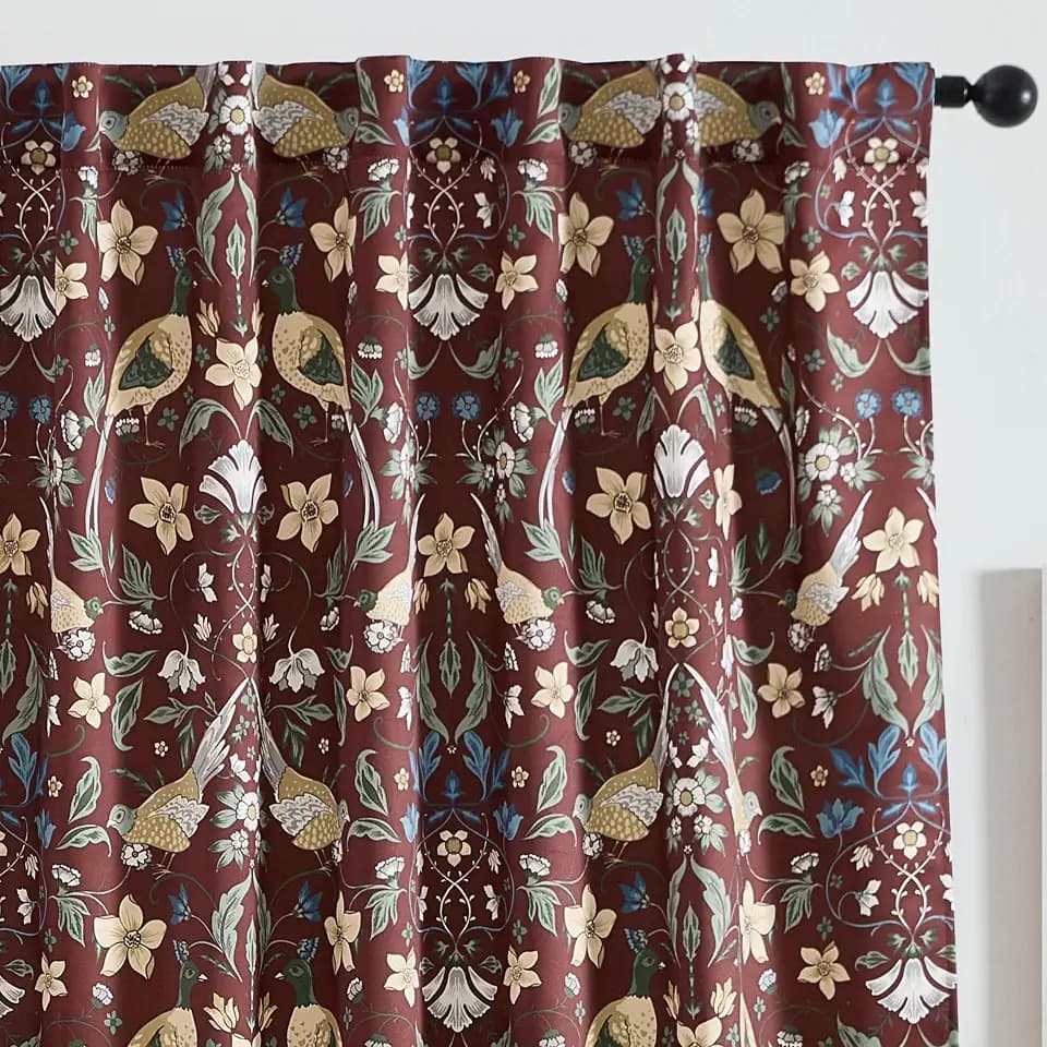 Burgundy Red Bird Curtains, Floral Chinoiserie Print, Pair (52 W x 108 L)
