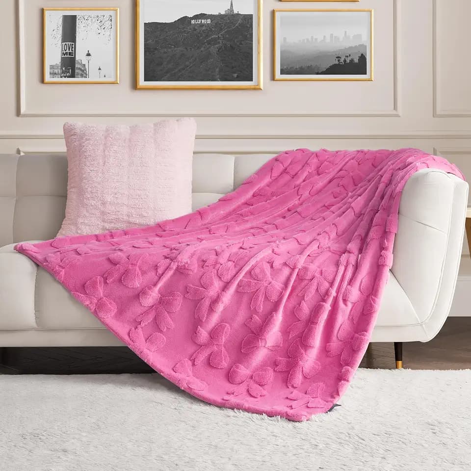 Juicy Couture Faux Fur 50"x70" Throw Blanket, Hot Pink Bows