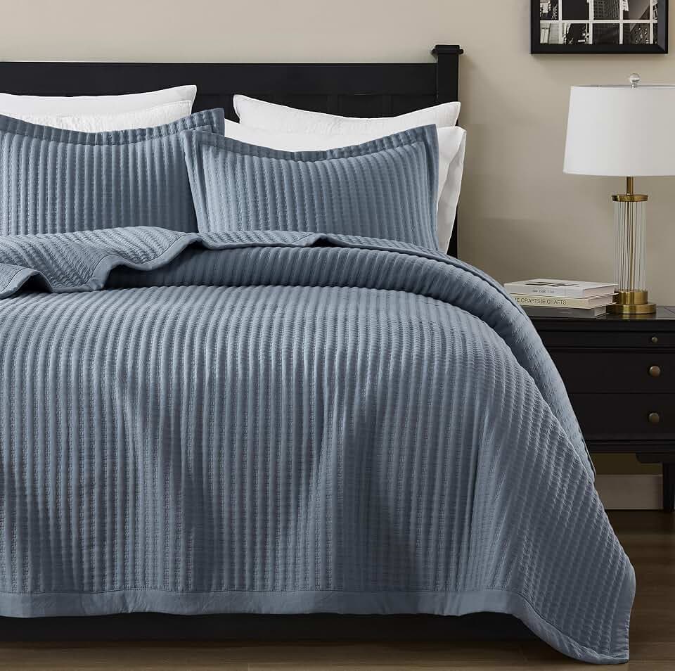 WDCOZY Dusty Blue King Size Quilt Set, Striped Pick Stitch Bedspread