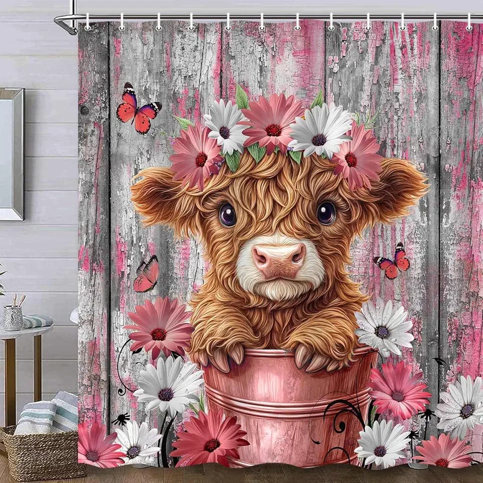 Funny Highland Cow Daisy Flower Shower Curtain, Rustic Wooden Barn Door Farm Animal Shower Curtain Set Farmhouse Western Bath Curtain Modern Cattle Bull Bathroom Accessories Home Decor 70X70in