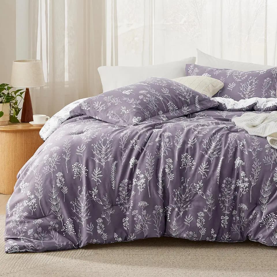 Bedsure Floral Comforter Set Cute Bedding King Reversible Grayish Purple