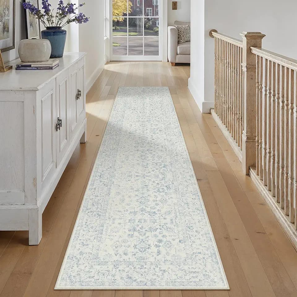 PureCozy 3x12 Blue Runner Rug Washable Hallway Non Slip Kitchen Vintage