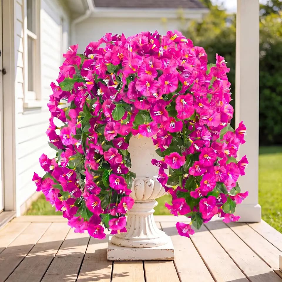 Sggvecsy Artificial Fake Hanging Flowers Plants for Outdoor Outside Spring Summer Decoration 4PCS Faux Silk UV Resistant Realistic Morning Glory Trailing Vines for Home Porch Patio Balcony(Purple red)