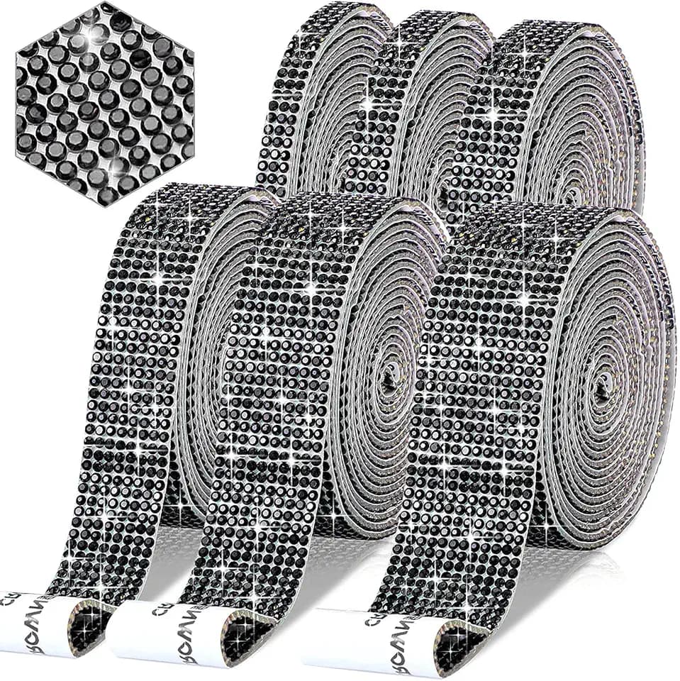 6 Rolls Self-Adhesive Rhinestone Ribbon Crystal Diamond Bling Ribbon DIY Decoration Sticker with 2 mm Rhinestones for DIY Arts Crafts,Wedding Party Decor,Car Phone Decoration. (Black)