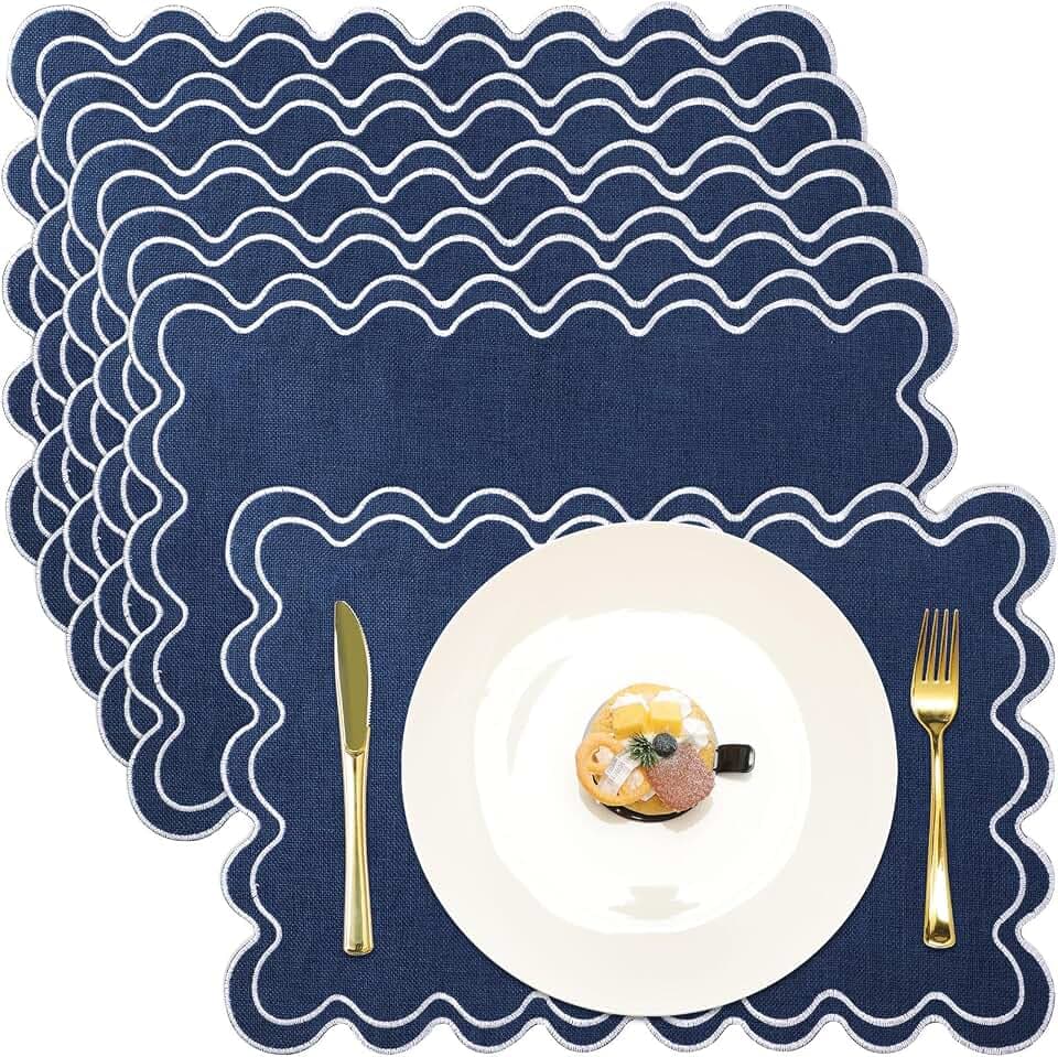 HunnmingRe Navy Blue with White Scalloped Placemats Set of 6, Rectangle