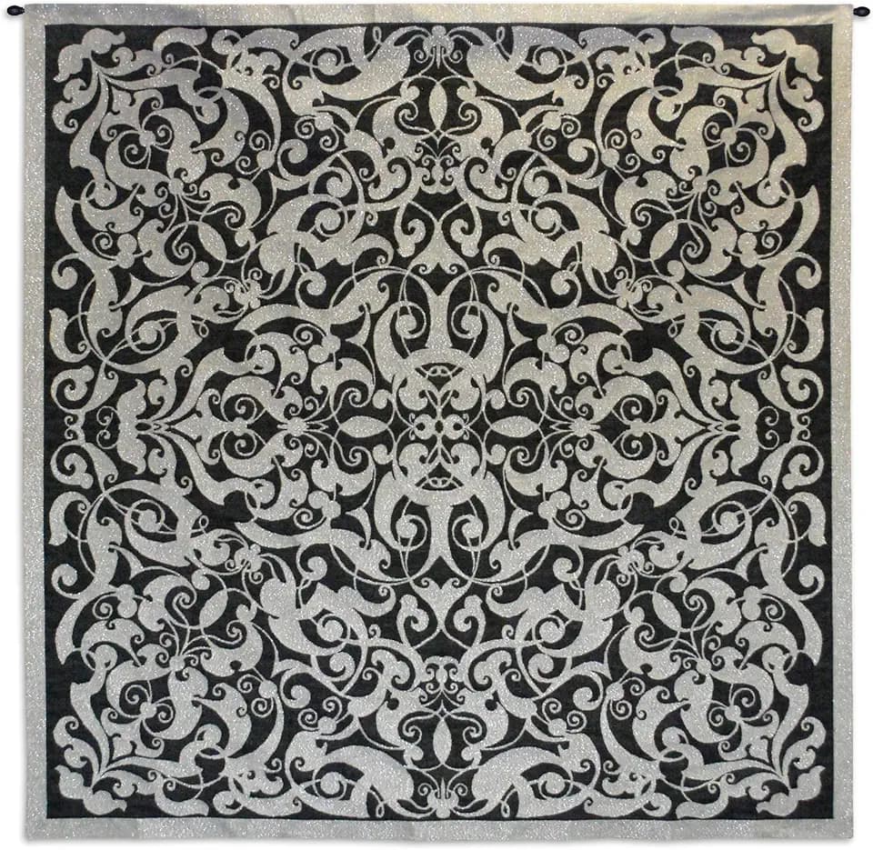 Silver Scroll | Woven Tapestry Wall Art Hanging | Architectural Metal Filigree Pattern | 100% Cotton USA Size 53x53