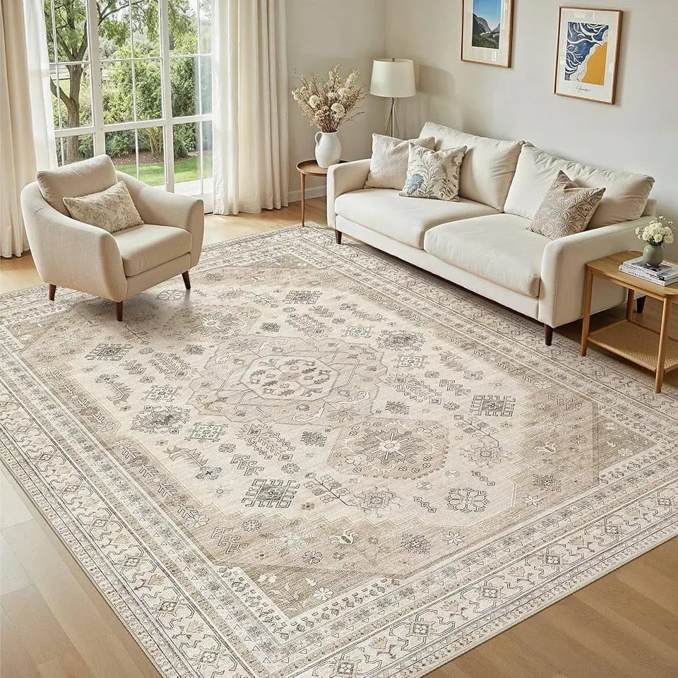 Washable 5x7 Area Rugs for Living Room: Soft Vintage Beige Rug