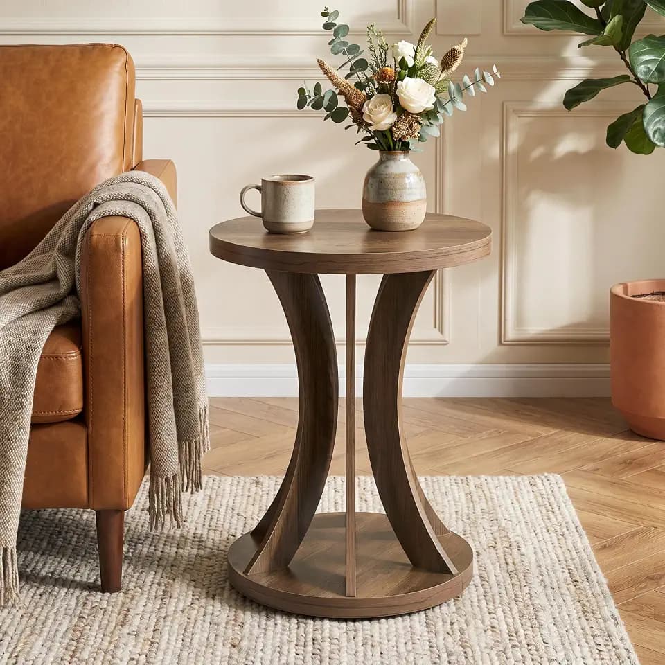 Tribesigns Round Side Table, Farmhouse End Table with Curved Open Frame, Modern Accent Table for Living Room, Bedroom, Small Spaces, Rustic Wood Finish