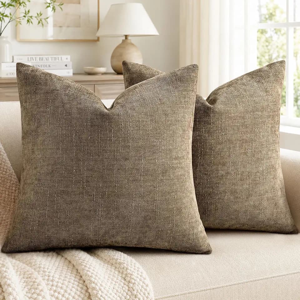 decorUhome Chenille Throw Pillow Covers 18x18 Set of 2, Light Taupe