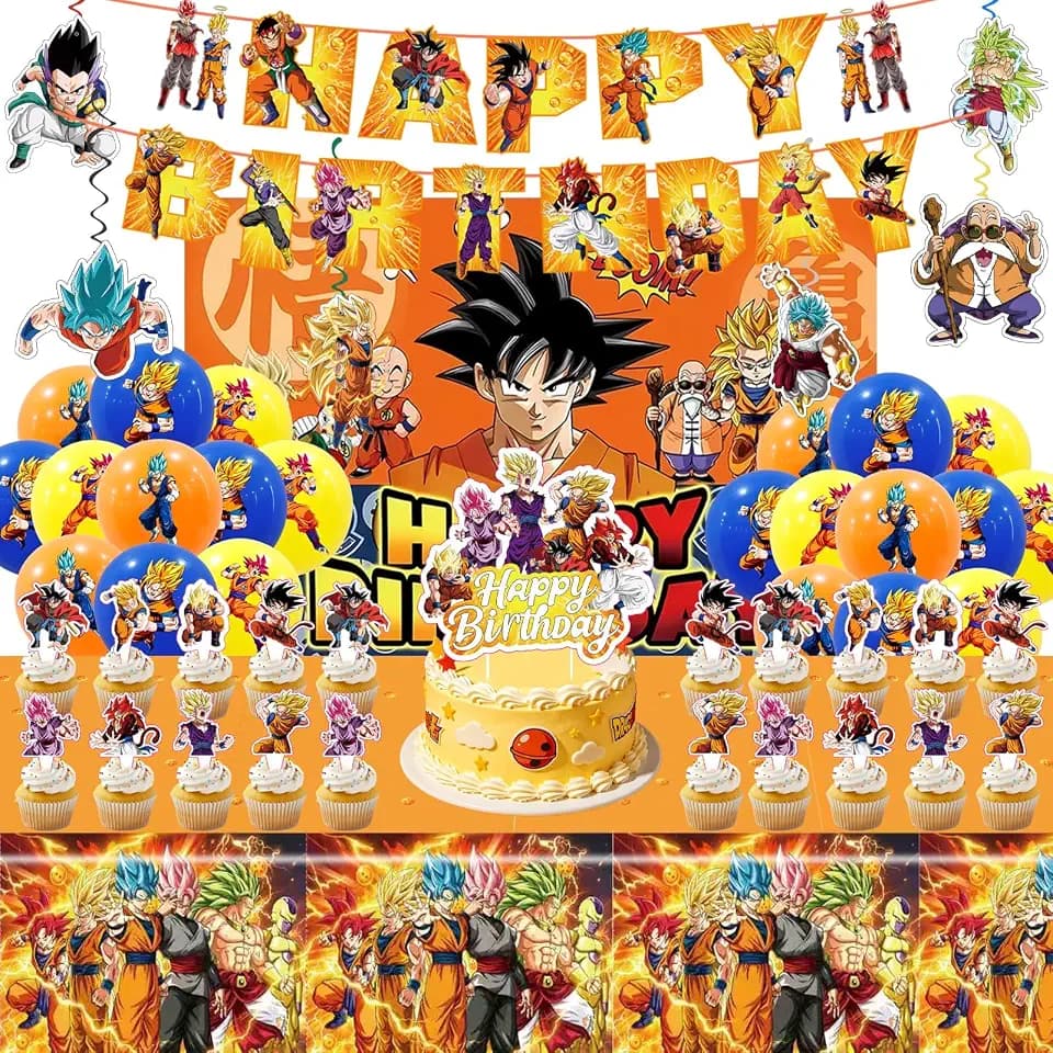 43PCS Dragon Ball Birthday Party Supplies: Banner, Cake Topper, Tablecloth, Backdrop, Cupcake Toppers, Balloons, Aluminum Balloons