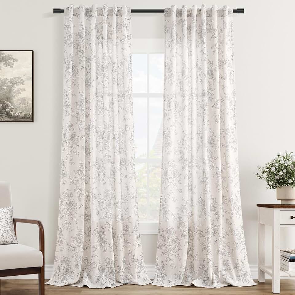 Meikelor Vintage Floral Curtains - 95 Inch Long Grey Patterned Sketch Print Burlap Textured Farmhouse Country Shabby Chic Back Tab Cream Linen Drapes for Living Room and Bedroom