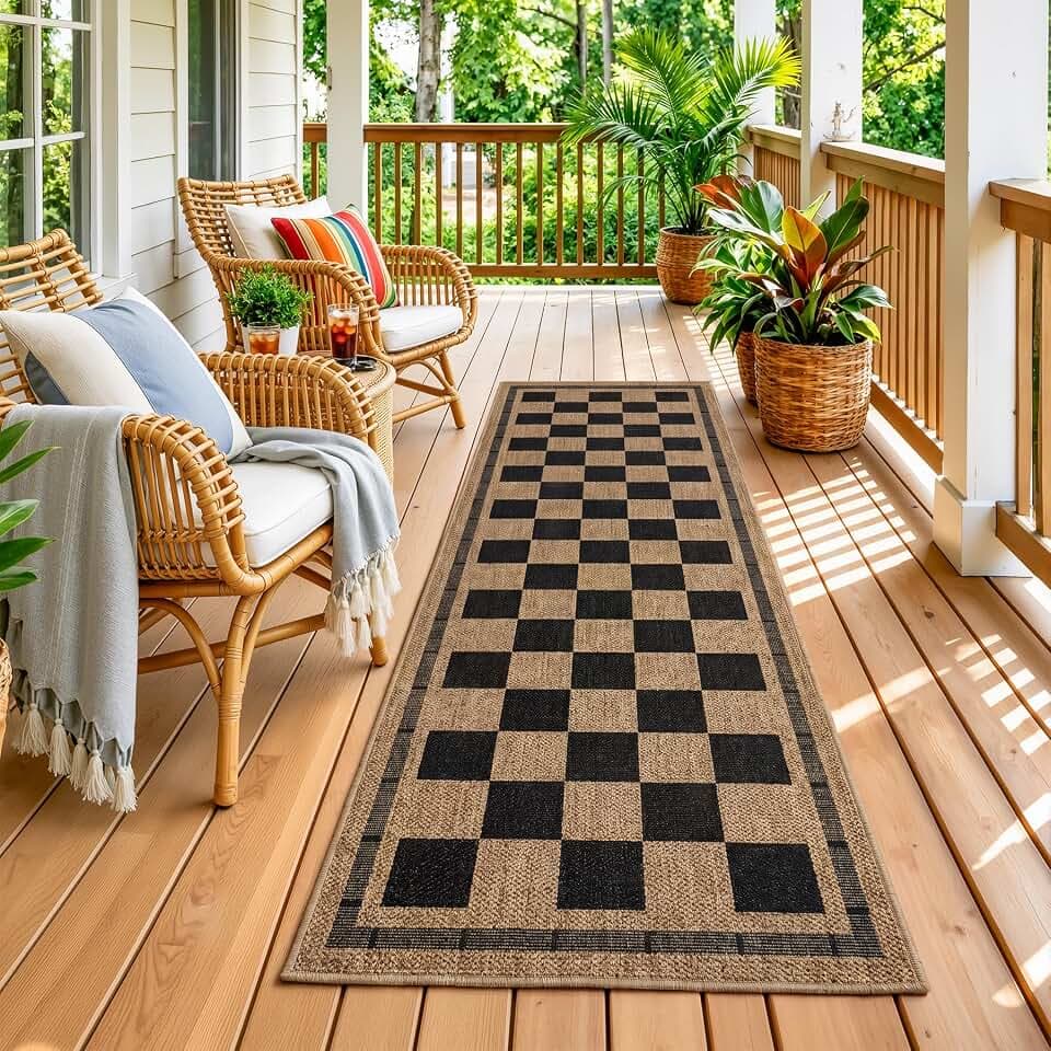 Patio Porch Balcony Runner Carpet Indoor Bedroom Kitchen Laundry Mat, Non Slip Plaid Farmhouse Carpets, Black and Brown