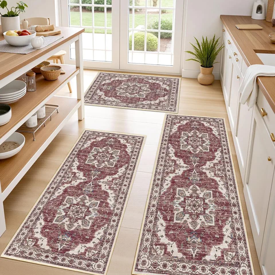 Upgrade Non Slip Kitchen Rugs Sets of 3 Washable Kitchen Rugs, Brick Red