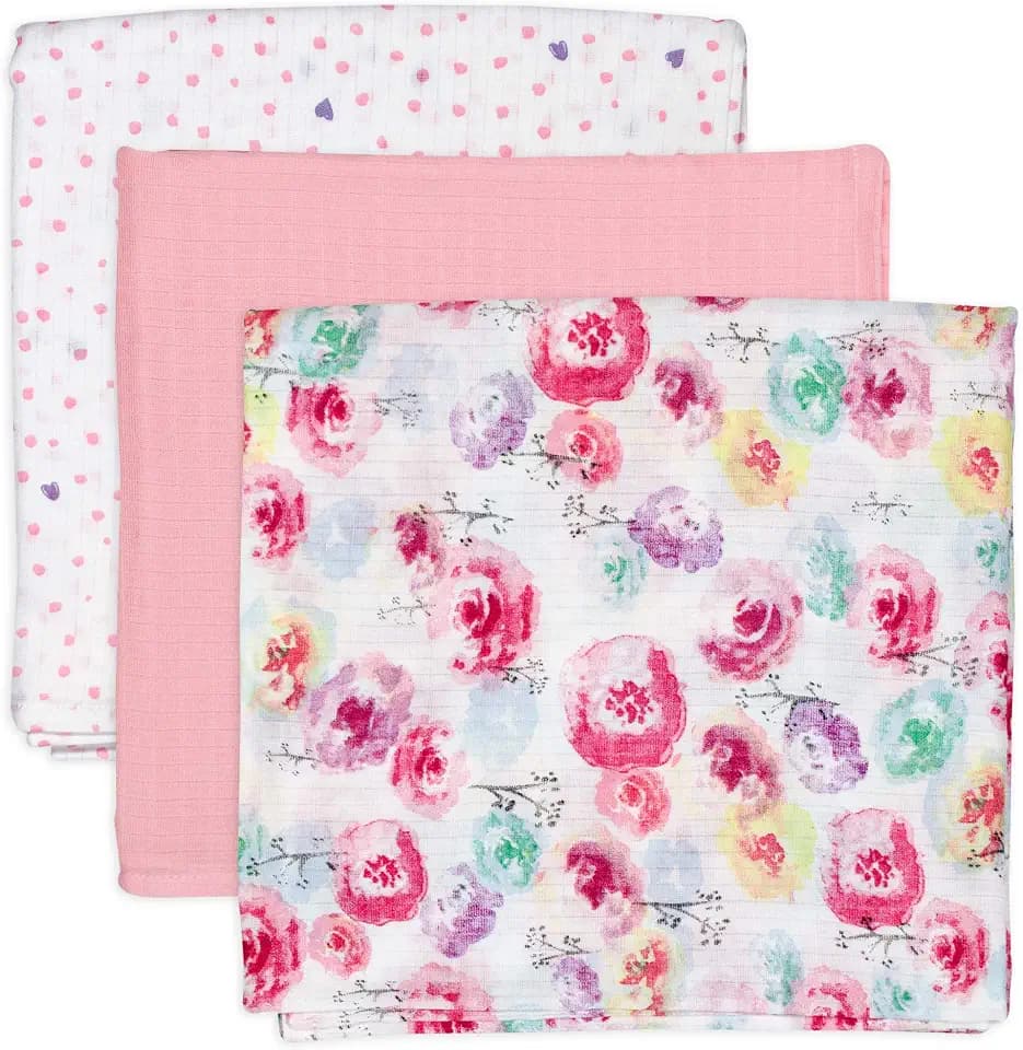HonestBaby 3-Pack Organic Cotton Swaddle Blankets, Rose Blossom, One Size