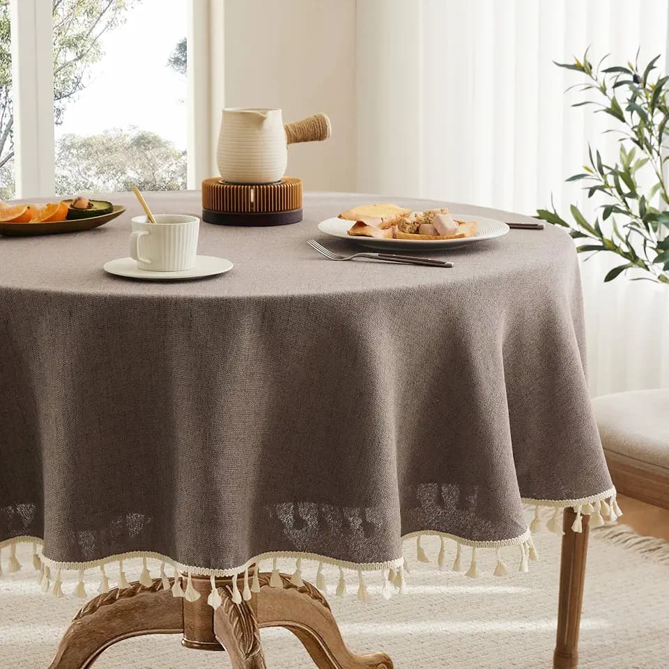 Tassel Linen Round Table Cloth, Cocoa Brown 52 Inch