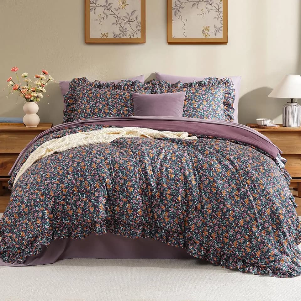 BLOOMHAVEN King Size Comforter Set-7 Pieces Floral Ruffle Bedding Set