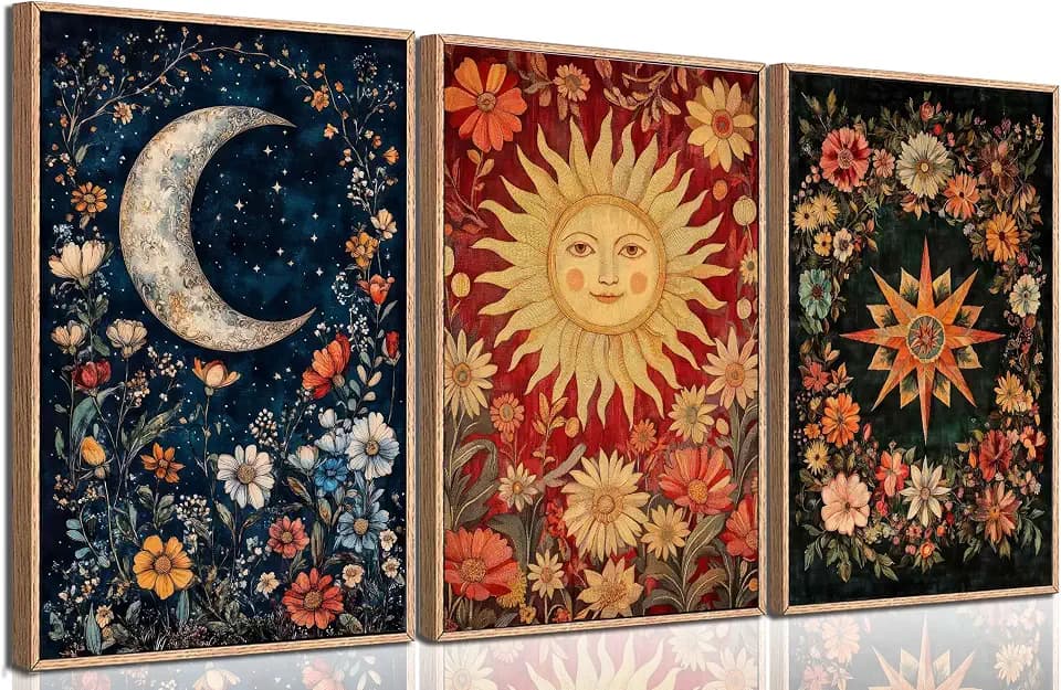 3Pcs Sun And Moon Celestial Wall Art Tarot painting Decor Pictures Astrology Gothic Wildflowers Star Canvas Posters Prints for Bedroom Office Living Room Bathroom Home Decoration Unframed