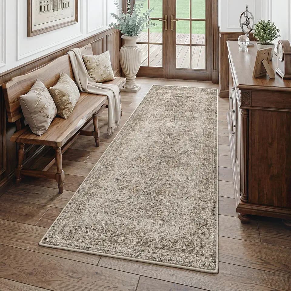 FMFUNCTEX 3x8 Hallway Runner Rug Washable Taupe Vintage Distressed Indoor