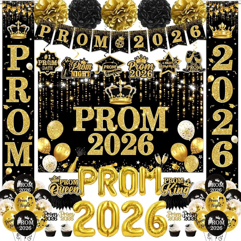 Prom Decorations 2026, includes Prom 2026 Banner Prom Backdrop Gold and Black Balloons Honeycomb Centerpieces Hanging Swirls Porch Sign, Prom Send Off Decorations for Graduation Night Decorations