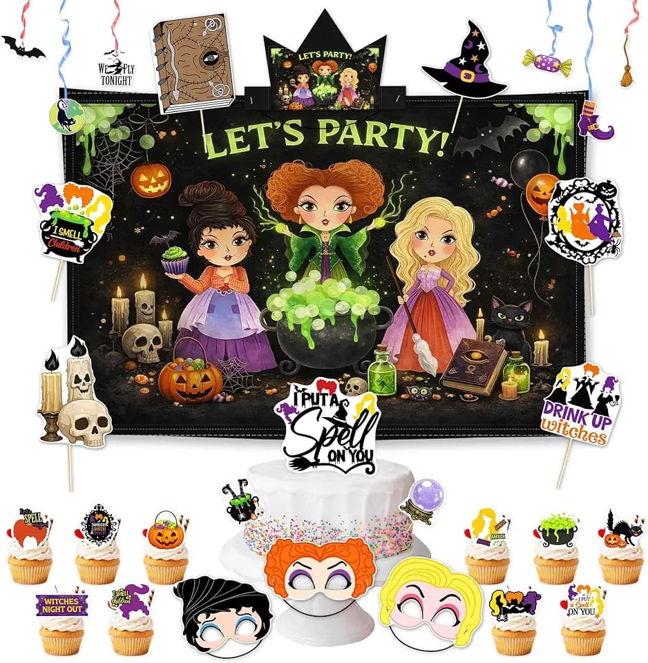 Allenjoy Halloween Witch Party Decorations Set with Backdrop, Headbands, Masks, Cupcake Toppers, Hanging Swirls and Photo Booth Props, Party Supplies and Favors
