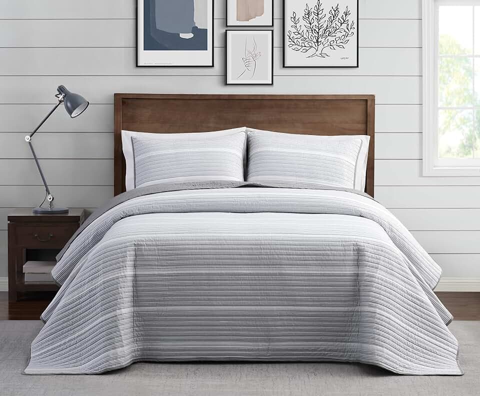 Brooklyn Loom - 2-Piece Twin/Twin XL Quilt and Sham Set - Niari Yarn Dye Stripe Cotton Collection - Grey,QS4175GYTX-2300