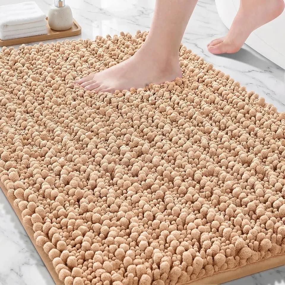 Chenille Bathroom Rugs 36x24 Absorbent Soft Non Slip, Beige