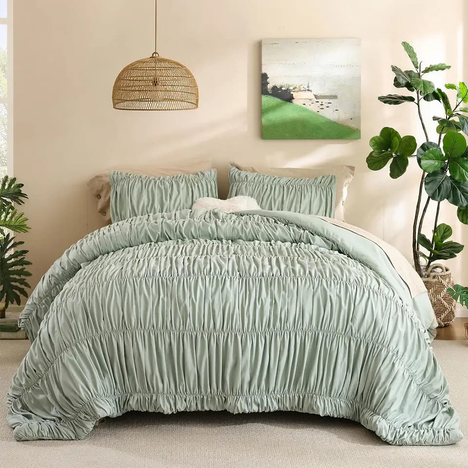 weigelia Sage Green Ruched Comforter Set King Size, Cute Bedding Set