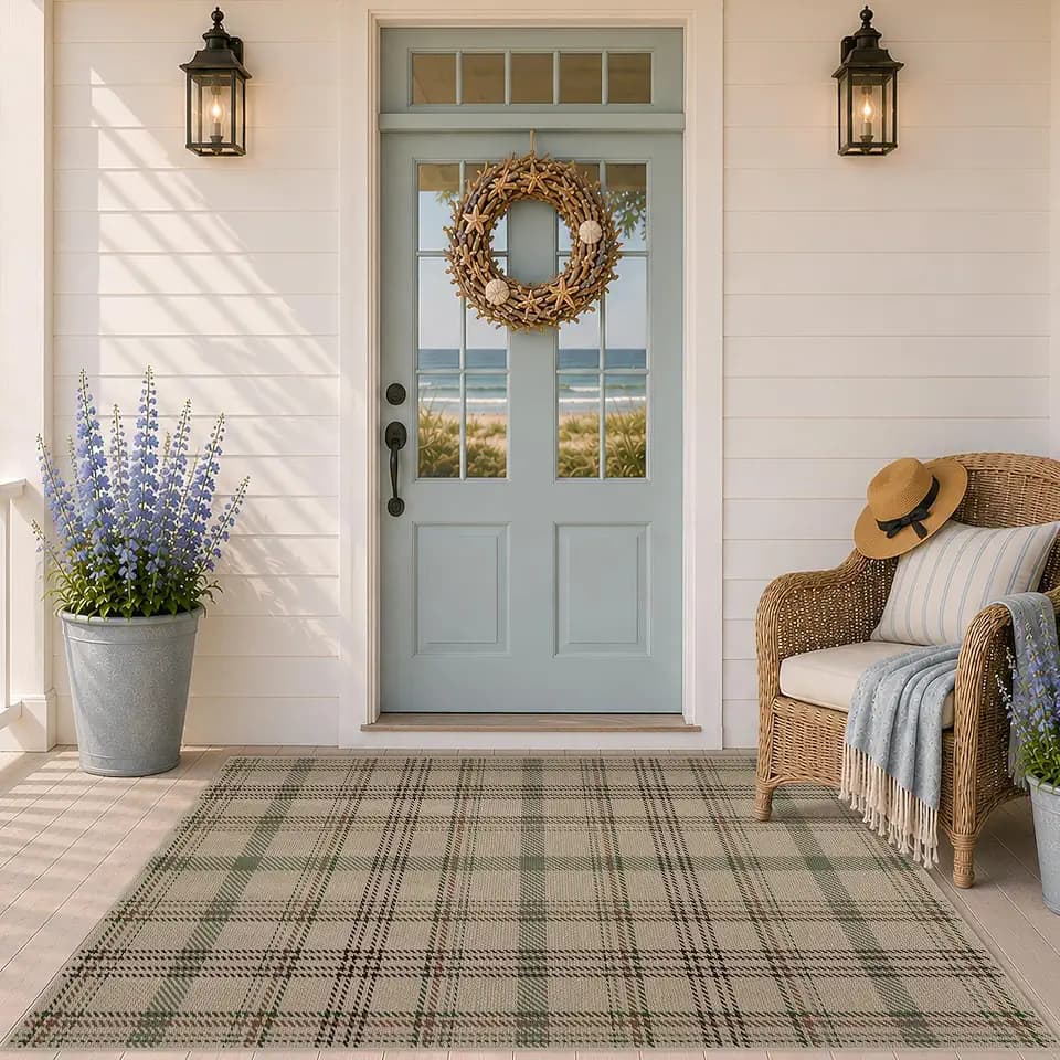 JTJ Easy Jute 3x5 Outdoor Rug for Front Porch, Washable Sage Green Plaid