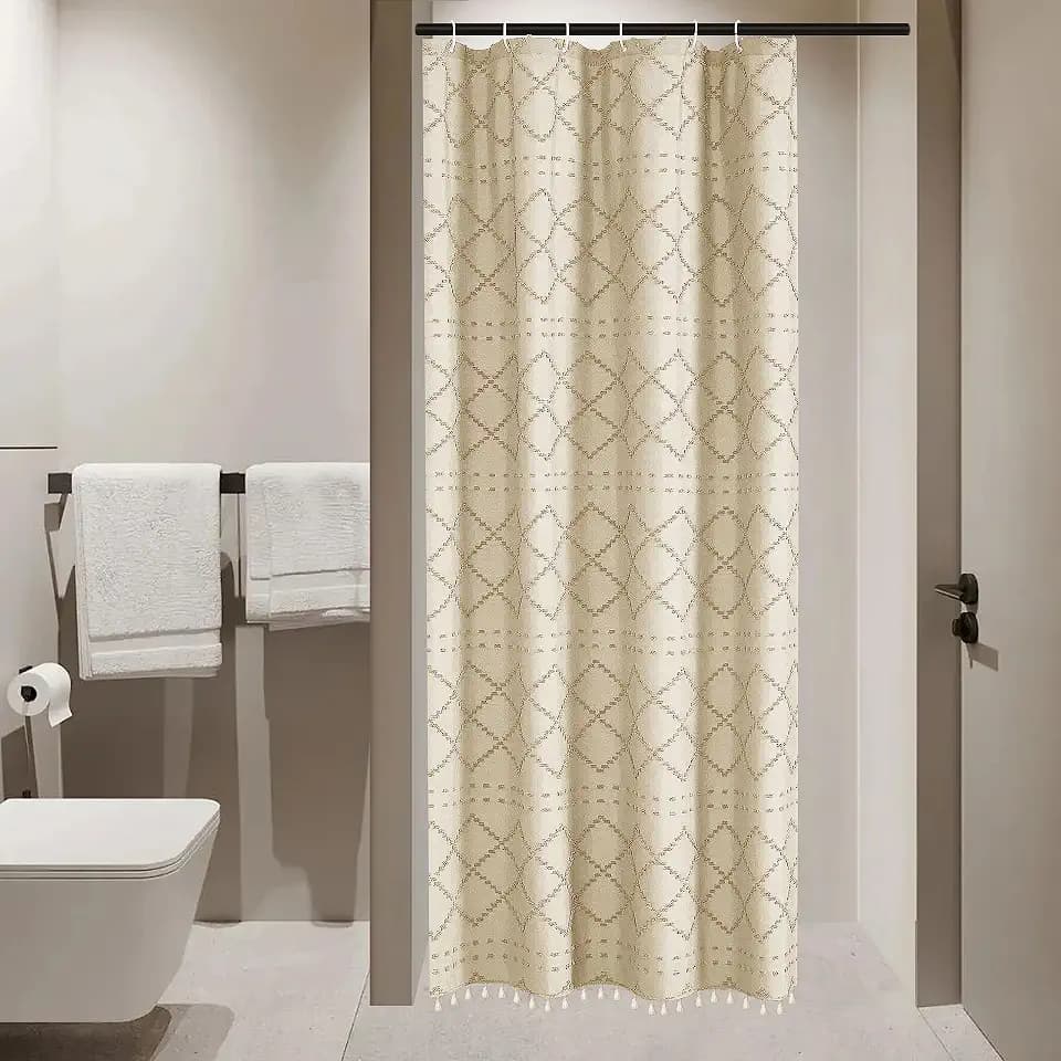 Siiluminisoy Small Stall Boho Shower Curtain Cream/Beige Tassle Woven Fabric Shower Curtain 36 x 72 Half Size Tufted Chevron Striped Textured Modern Farmhouse Minimalist Cloth for Bathroom