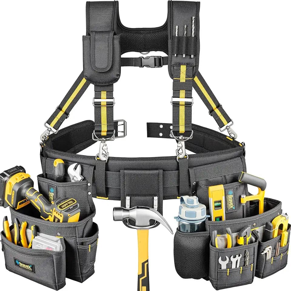Bravex Tool Belt Suspenders - Pro Ultra Anti-wear 20 Bags Y-Style Tool Belts 5 Combo Apron Tool Pouch For Framers Carpenter Electrician 1200D Ballistic Nylon