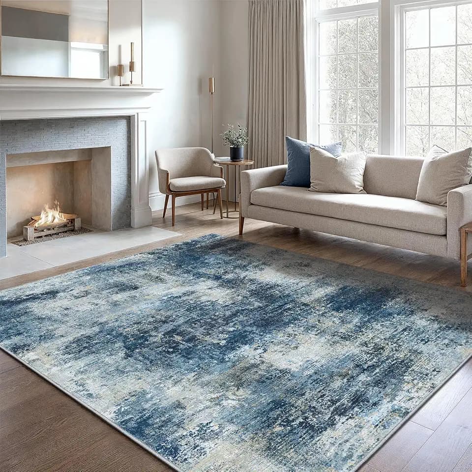 5x7 Area Rug Living Room, Modern Washable Indoor Carpet Navy Blue