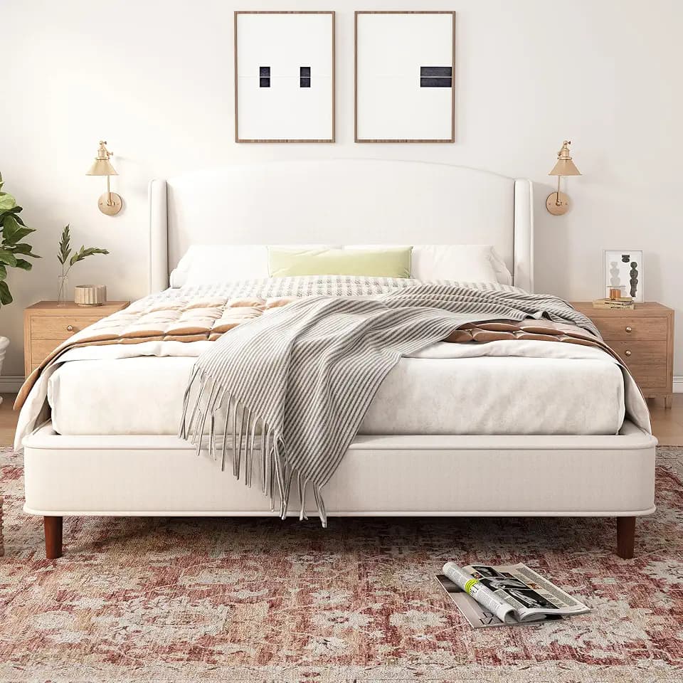 Merax King Size Plywood Upholstered Platform Bed Frame, with Wingback Headboard, Solid Wood Leg, Box Spring Not Required for Bedroom Small Apartment, Beige