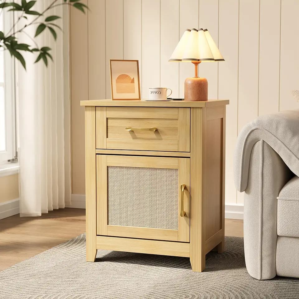 Decofy Rattan Nightstand with Charging Station, Modern End Tables with Storage and One Drawers, Outlets, USB Ports and Type-C Ports, Wood Nightstands for Bedroom, Dorm and Small Spaces Oak