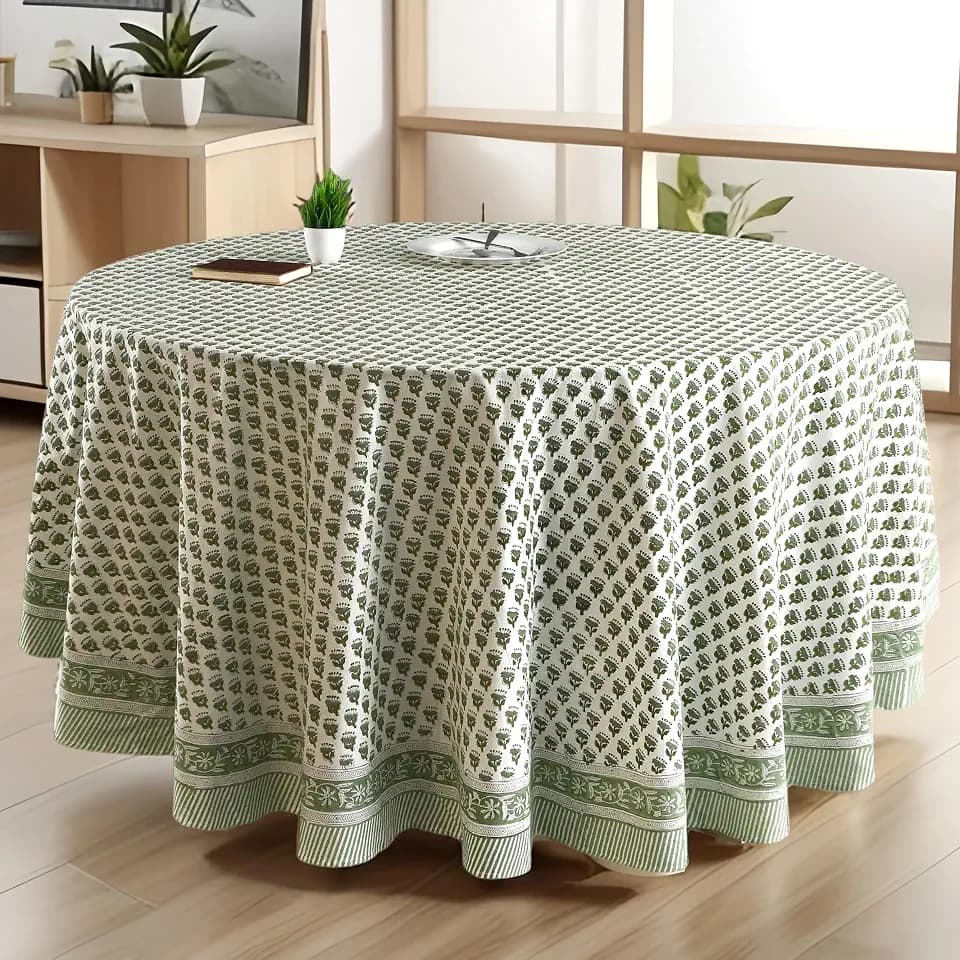 CPC Emerald Green Block Print Cotton Tablecloth Round 60 Inch Home Decor