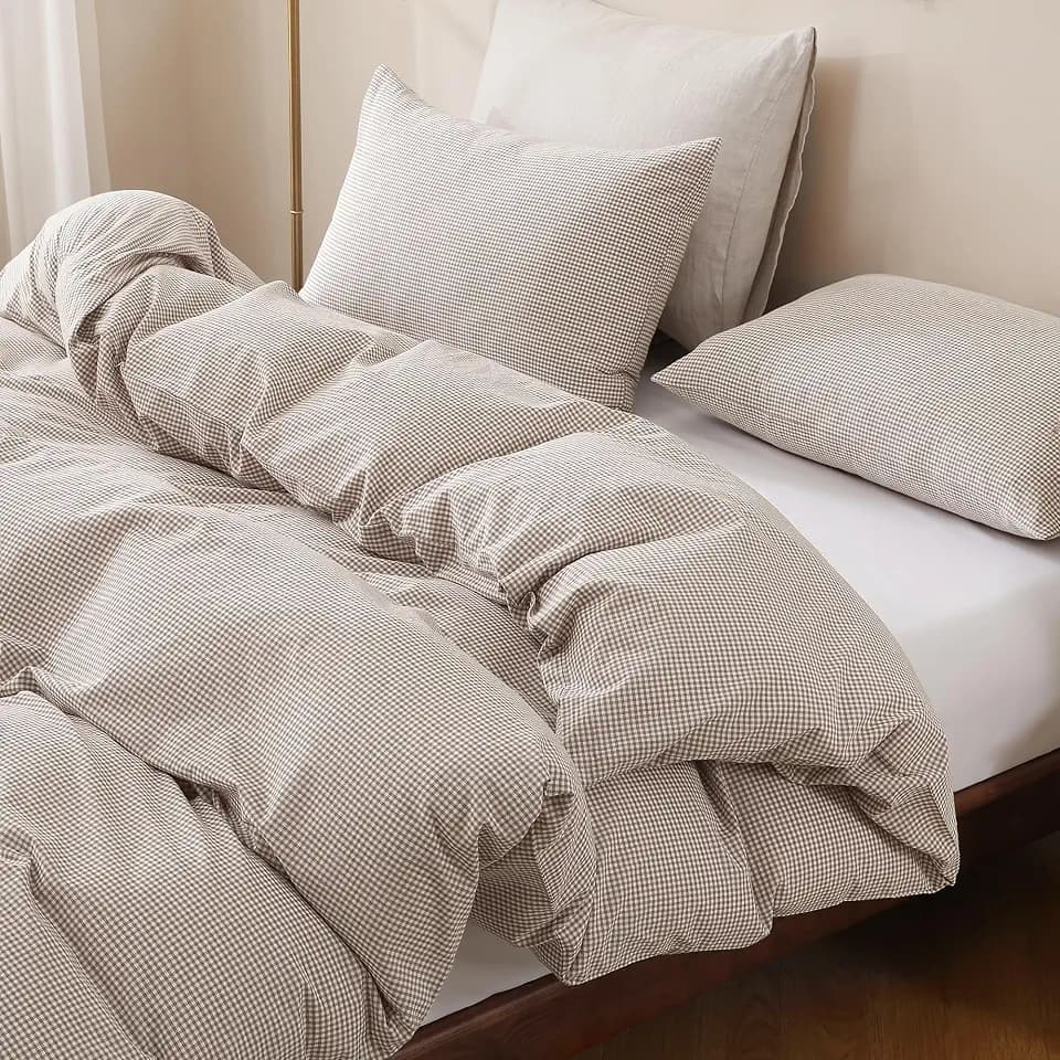 TOCOMOA Mini Gingham Tan Duvet Cover Set Washed Cotton Like Linen, Full