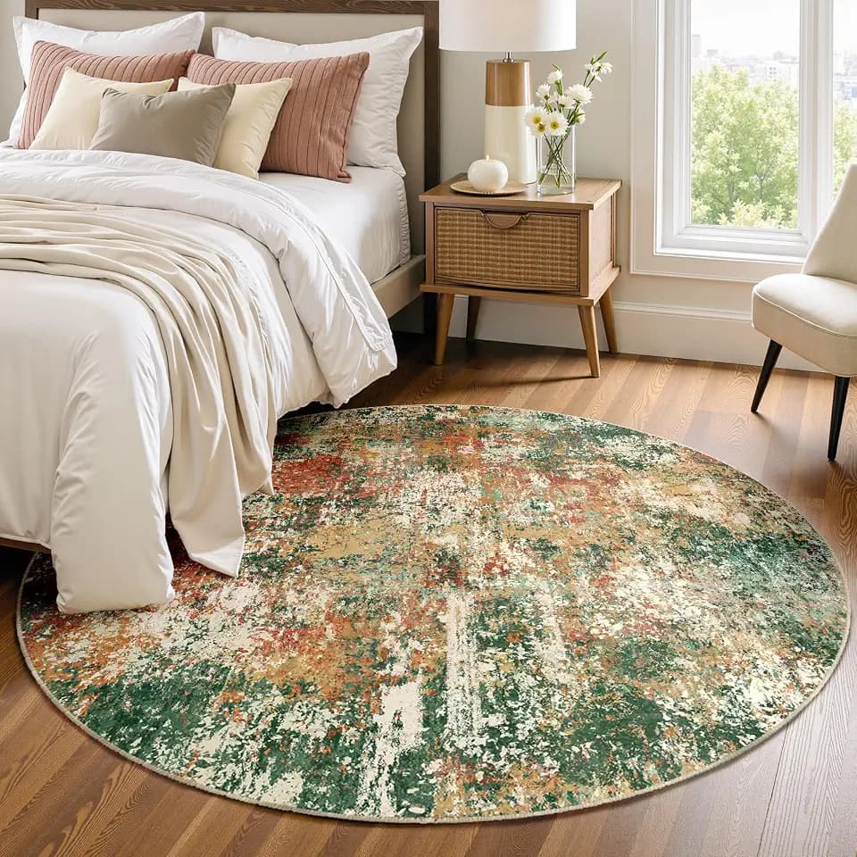 RELEANY Washable Round 4ft Area Rug for Living Room Green Multi