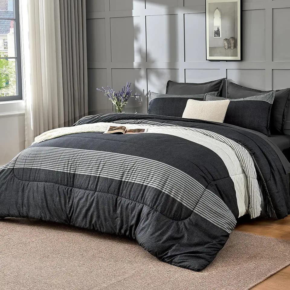 Andency Full Size Comforter Set, Black White Grey, 7 Pieces